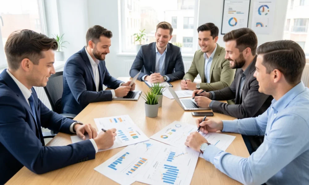 Entrepreneurs reviewing charts and discussing different business models including subscription, e-commerce, and marketplace strategies in a modern office.