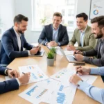 Entrepreneurs reviewing charts and discussing different business models including subscription, e-commerce, and marketplace strategies in a modern office.