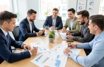 Entrepreneurs reviewing charts and discussing different business models including subscription, e-commerce, and marketplace strategies in a modern office.
