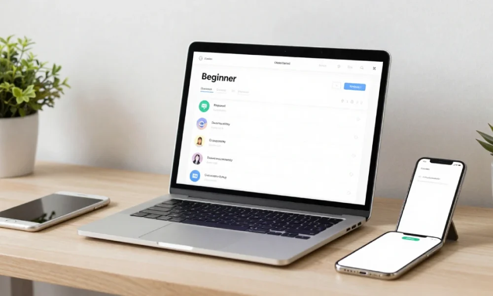 Beginner-friendly digital tools for productivity displayed on a laptop, tablet, and smartphone in a clean, organized workspace