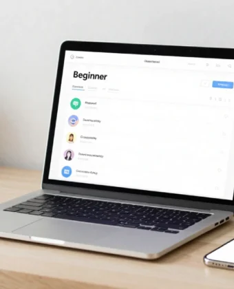 Beginner-friendly digital tools for productivity displayed on a laptop, tablet, and smartphone in a clean, organized workspace