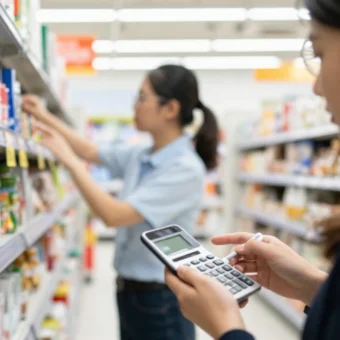 Shopper comparing supermarket prices while staff updates shelf labels, illustrating supply and demand and changing market prices
