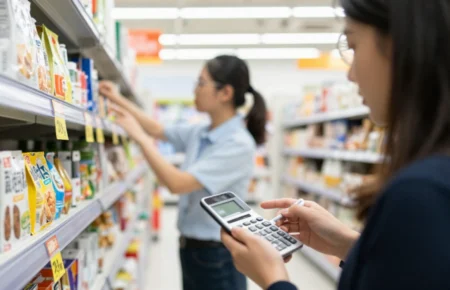 Shopper comparing supermarket prices while staff updates shelf labels, illustrating supply and demand and changing market prices
