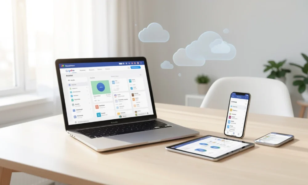 Workspace with laptop, tablet, and smartphone displaying cloud storage and file syncing, illustrating secure, accessible, and collaborative digital file management
