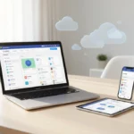 Workspace with laptop, tablet, and smartphone displaying cloud storage and file syncing, illustrating secure, accessible, and collaborative digital file management