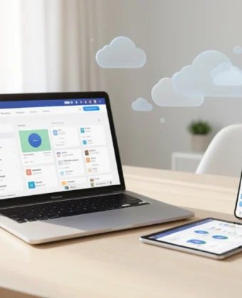 Workspace with laptop, tablet, and smartphone displaying cloud storage and file syncing, illustrating secure, accessible, and collaborative digital file management