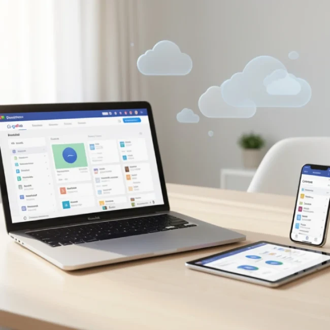 Workspace with laptop, tablet, and smartphone displaying cloud storage and file syncing, illustrating secure, accessible, and collaborative digital file management