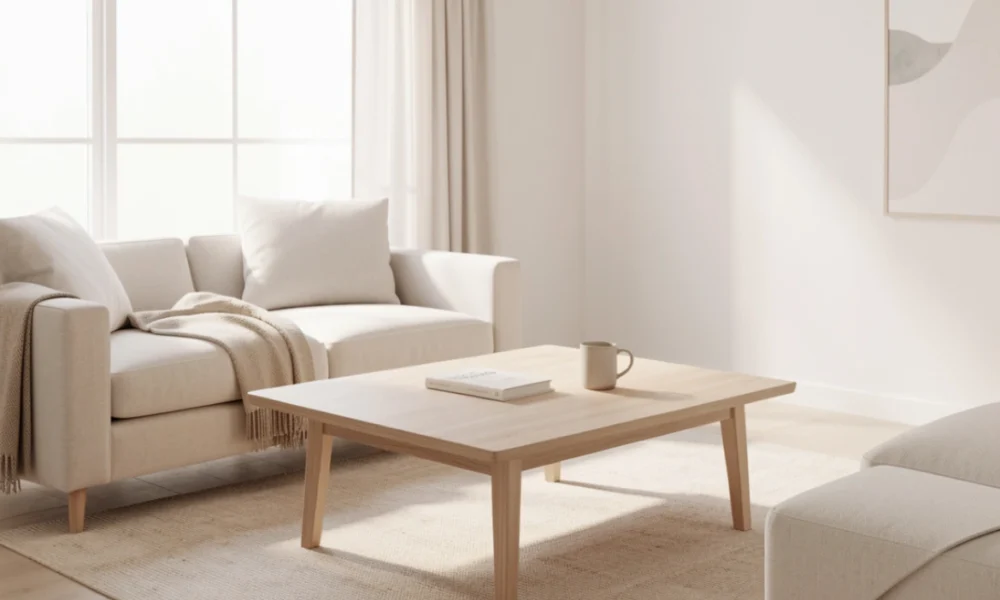 Minimalist living room with clean surfaces, natural light, and simple decor showing the benefits of a clutter-free lifestyle.