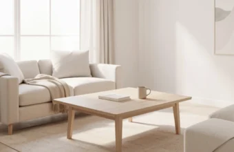 Minimalist living room with clean surfaces, natural light, and simple decor showing the benefits of a clutter-free lifestyle.