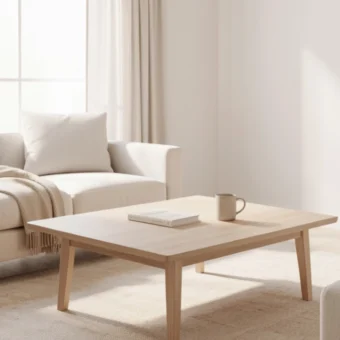 Minimalist living room with clean surfaces, natural light, and simple decor showing the benefits of a clutter-free lifestyle.