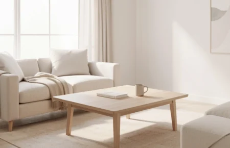 Minimalist living room with clean surfaces, natural light, and simple decor showing the benefits of a clutter-free lifestyle.