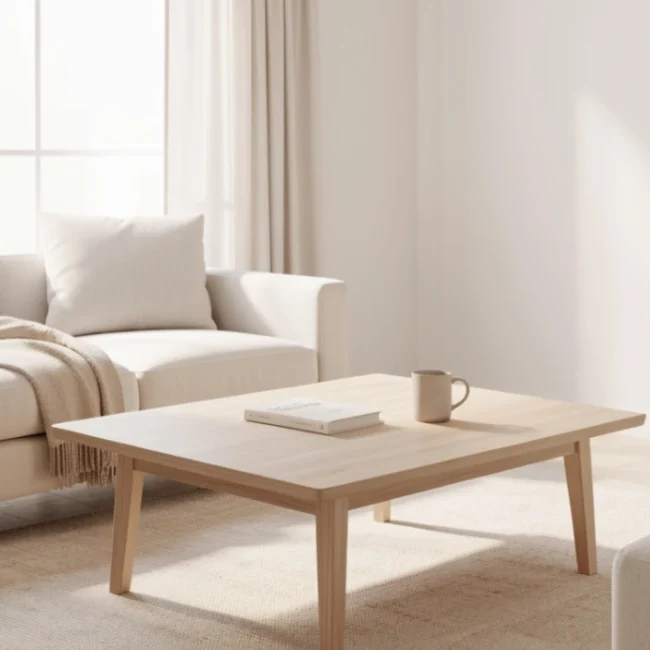 Minimalist living room with clean surfaces, natural light, and simple decor showing the benefits of a clutter-free lifestyle.