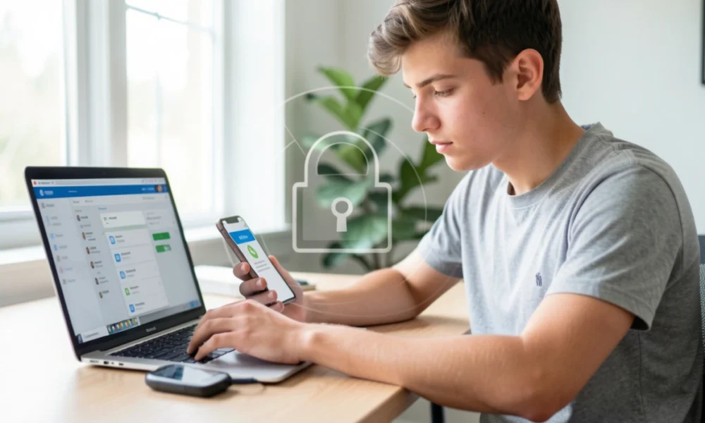 Person using laptop with two-factor authentication code on smartphone, demonstrating online security and digital privacy protection.
