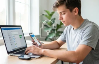 Person using laptop with two-factor authentication code on smartphone, demonstrating online security and digital privacy protection.