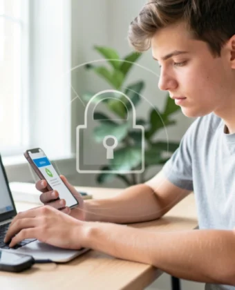 Person using laptop with two-factor authentication code on smartphone, demonstrating online security and digital privacy protection.