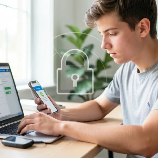Person using laptop with two-factor authentication code on smartphone, demonstrating online security and digital privacy protection.