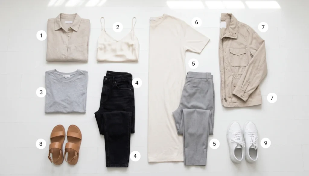 7‑day capsule wardrobe example – 10 clothing items laid flat with labels.