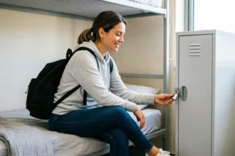 Solo traveller in a modern hostel dorm securing valuables in a locker with a padlock beside a bunk bed during a first hostel stay.