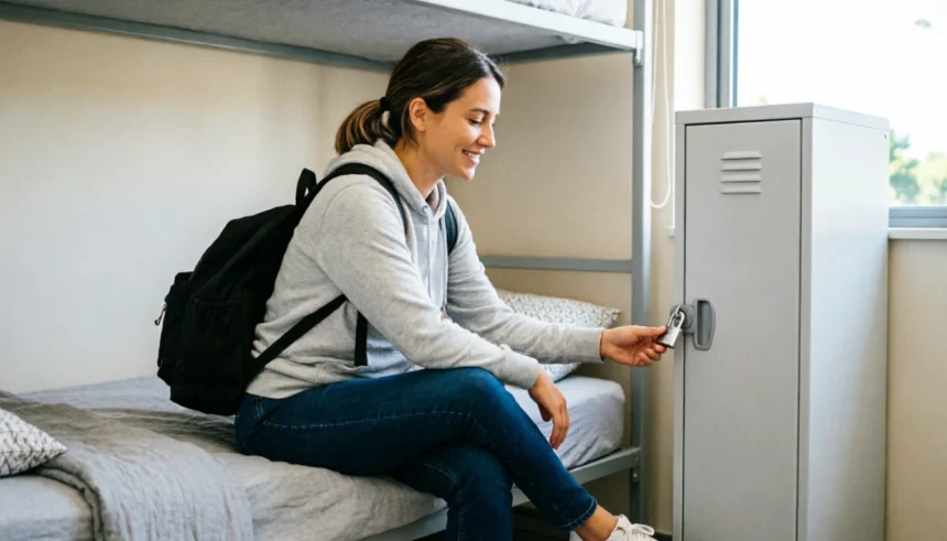 Solo traveller in a modern hostel dorm securing valuables in a locker with a padlock beside a bunk bed during a first hostel stay.