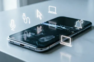 Frozen smartphone surrounded by floating icons of a microphone, USB cable, and mouse on a calm desk background