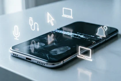 Frozen smartphone surrounded by floating icons of a microphone, USB cable, and mouse on a calm desk background