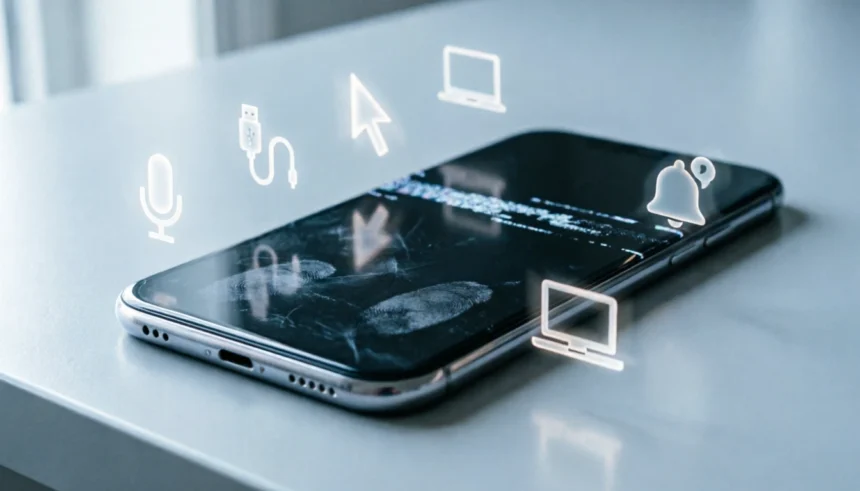 Frozen smartphone surrounded by floating icons of a microphone, USB cable, and mouse on a calm desk background