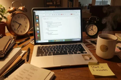 Home office desk with laptop showing to-do list, coffee mug, morning clock, and a sticky note saying “Start in 2 minutes” representing overcoming procrastination.