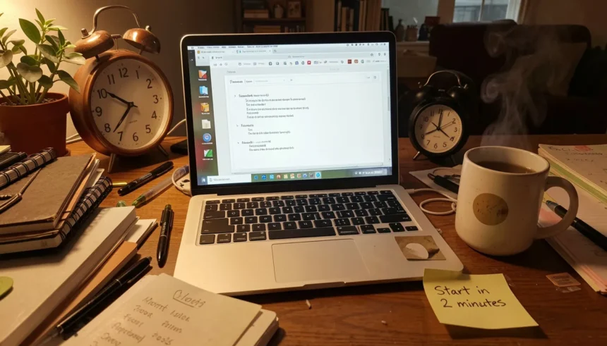 Home office desk with laptop showing to-do list, coffee mug, morning clock, and a sticky note saying “Start in 2 minutes” representing overcoming procrastination.
