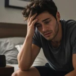 Exhausted person sitting on bed after 8 hours of sleep with alarm clock showing morning fatigue and poor sleep quality