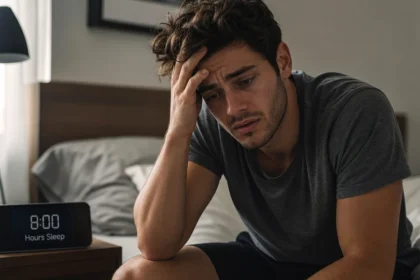 Exhausted person sitting on bed after 8 hours of sleep with alarm clock showing morning fatigue and poor sleep quality