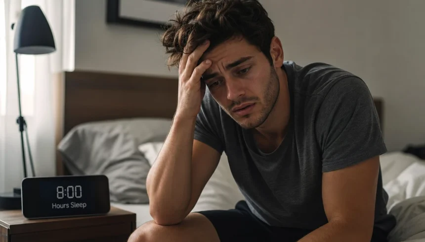 Exhausted person sitting on bed after 8 hours of sleep with alarm clock showing morning fatigue and poor sleep quality