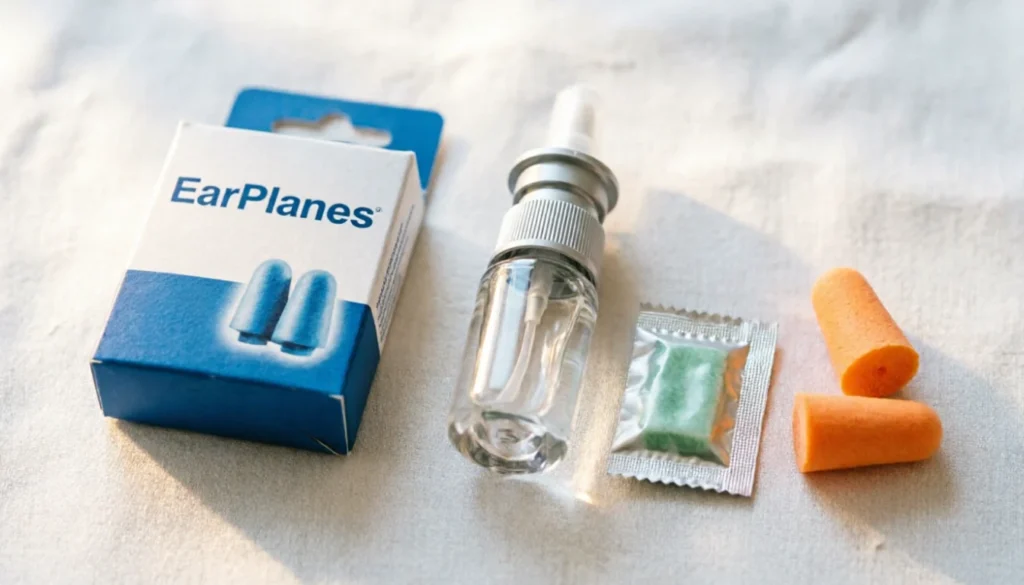 Travel flat lay showing EarPlanes earplugs, nasal spray, and chewing gum for airplane ear pain relief