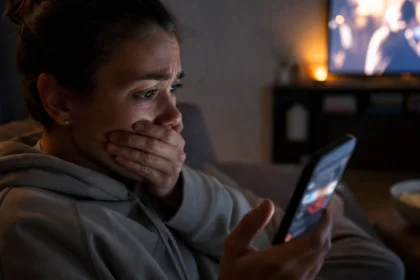 Person looking shocked at their phone after seeing a movie spoiler on social media while sitting at home