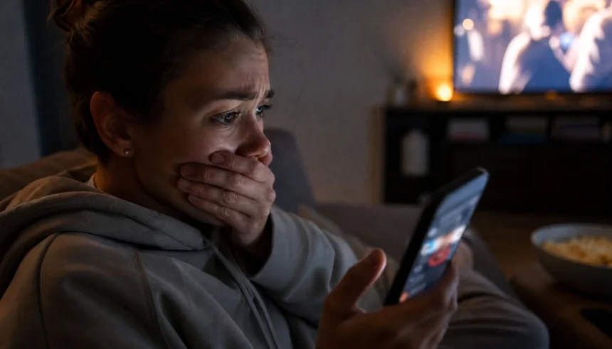 Person looking shocked at their phone after seeing a movie spoiler on social media while sitting at home