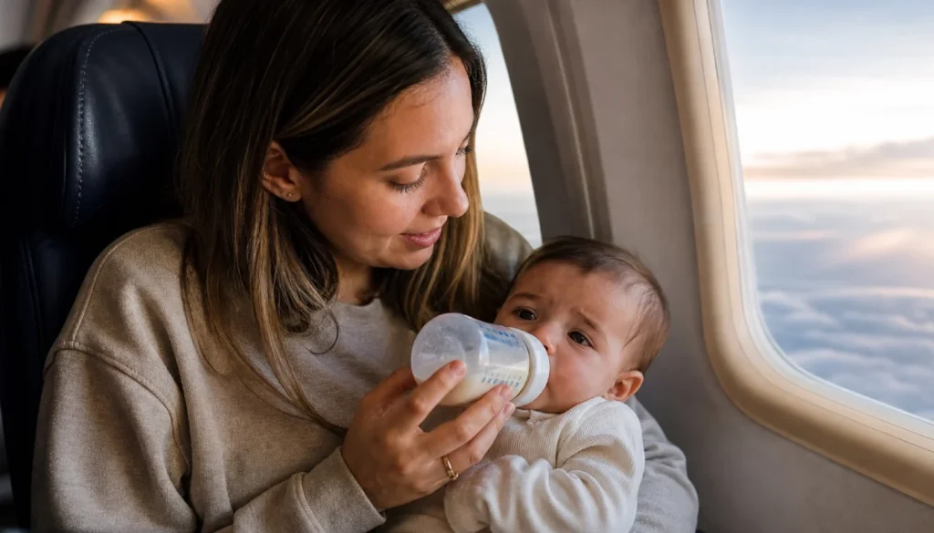 Mother feeding baby with a bottle during airplane descent to help relieve ear pressure