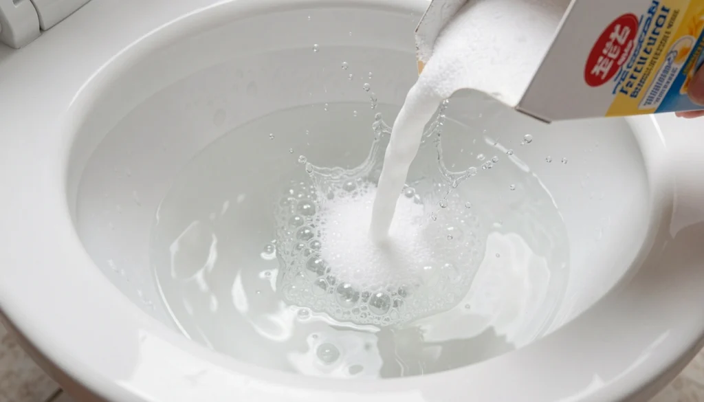 Pouring baking soda into a toilet bowl for unclogging, vinegar bottle nearby.
