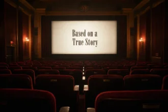 A classic movie theater interior with the words "Based on a True Story" glowing on the screen in the dark