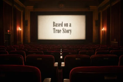 A classic movie theater interior with the words "Based on a True Story" glowing on the screen in the dark