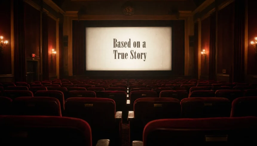 A classic movie theater interior with the words "Based on a True Story" glowing on the screen in the dark