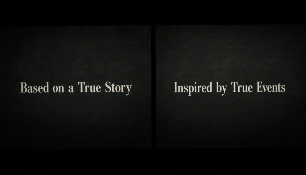 Two movie title cards side by side reading "Based on a True Story" and "Inspired by True Events" on a dark cinematic background