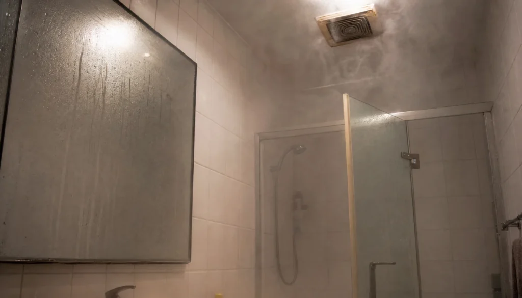 Steam and condensation building up on bathroom ceiling and mirror after a hot shower