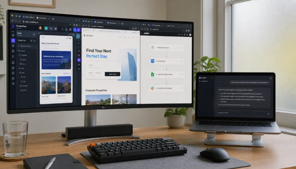 Modern home office setup with a wide monitor showing no-code MVP tools and an AI assistant interface open on a second screen