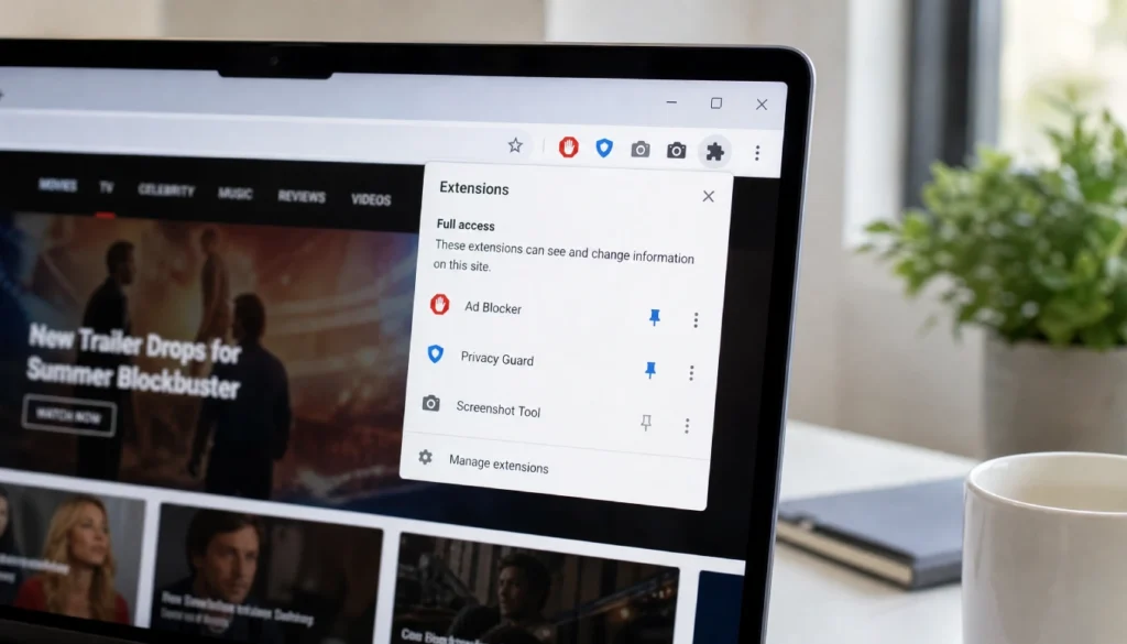 Laptop showing a browser with extensions open to block movie spoilers while browsing