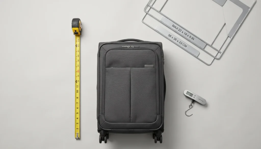 Standard carry‑on luggage size comparison – 22x14x9 inches next to a tape measure.