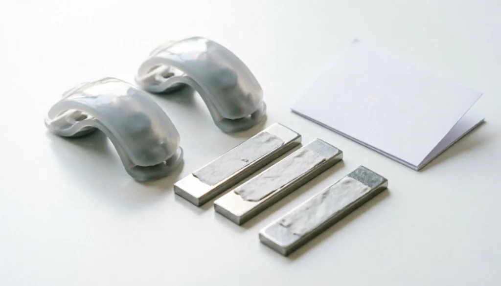Ceiling fan blade balancing kit with plastic clips and adhesive weight strips laid out on a white surface
