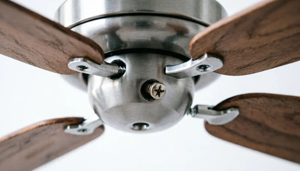 Close-up of a ceiling fan blade bracket with a loose screw, a common cause of ceiling fan wobbling