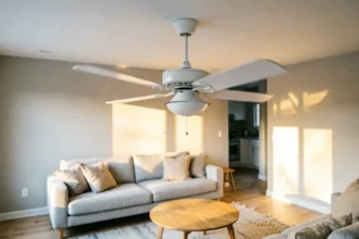 White ceiling fan with slightly blurred blades showing wobble motion in a modern living room