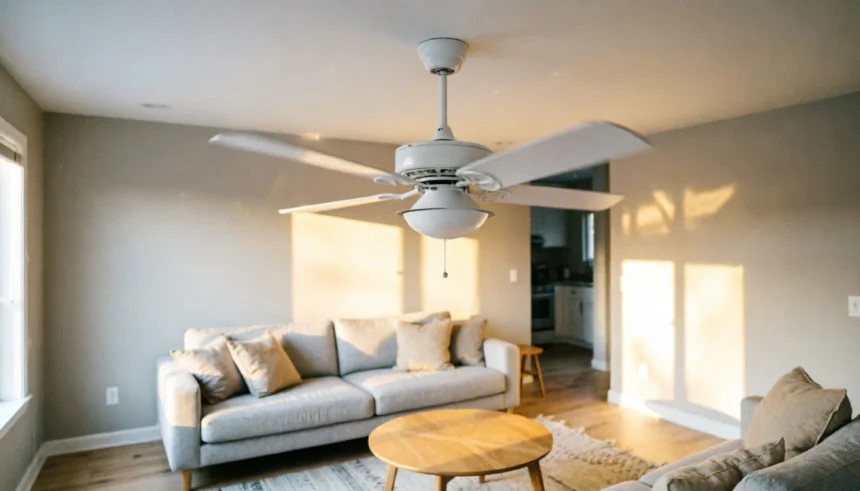 White ceiling fan with slightly blurred blades showing wobble motion in a modern living room
