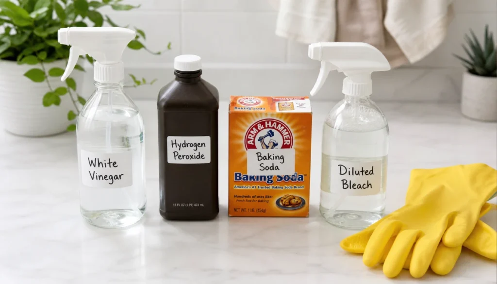 White vinegar, hydrogen peroxide, baking soda, and bleach lined up as cheap mold removal options for bathroom ceilings