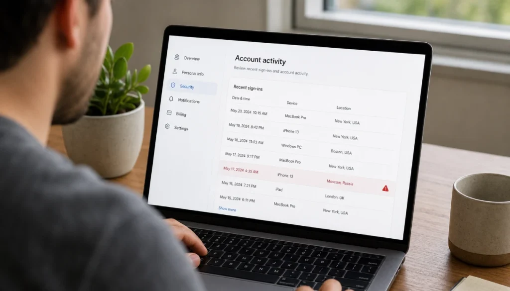 Person reviewing recent email login history on a laptop to check for suspicious sign-in activity
